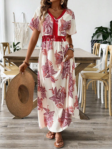 Shoulder-Connected Long Sleeve Red Tropical Flower Patchwork Drawstring Dress