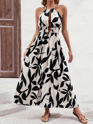 Sleeveless Hollow Out Printed A-Line Dress With Cinched Waist