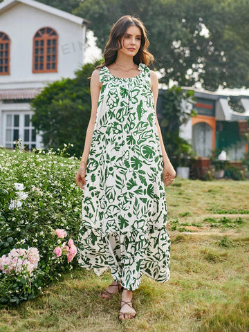 Sleeveless Loose Fit Round Neck Printed Dress