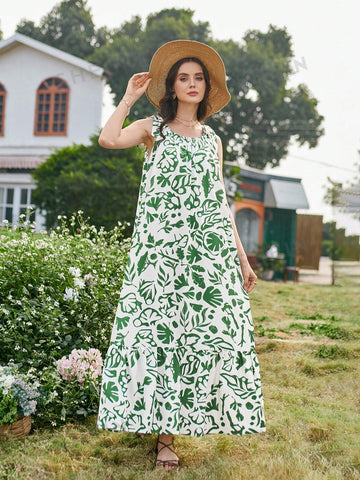 Sleeveless Loose Fit Round Neck Printed Dress