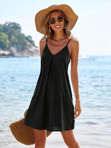 Sleeveless Solid Color Woven Sundress With Criss-Cross Back Detail And A-Line Hem For Women's