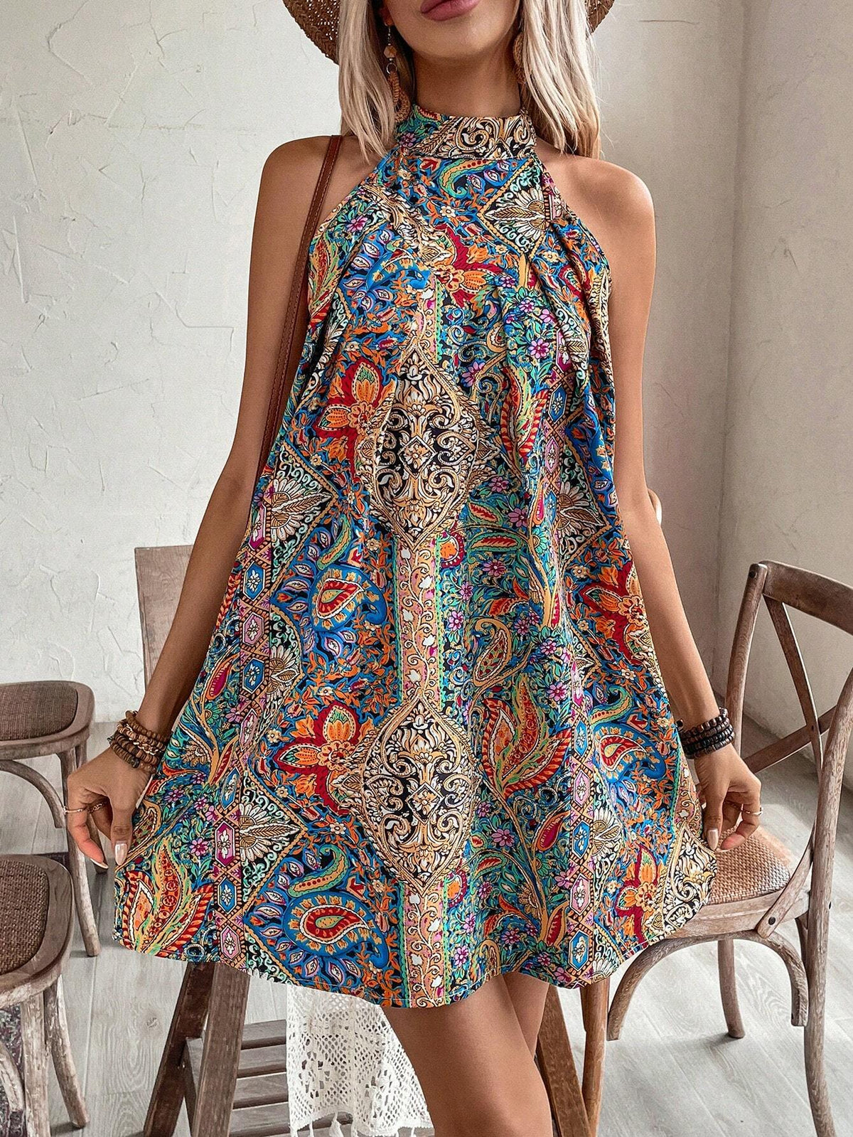 Sleeveless Tie-Back Neck Beach Vacation Style Dress With All-Over Allover Print Bowknot