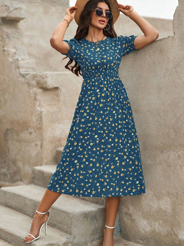 Small Floral Print Round Neck Waist Drawstring Dress