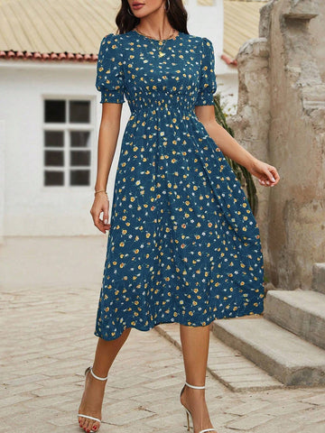 Small Floral Print Round Neck Waist Drawstring Dress