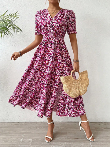 Small Floral Printed V-Neck Waist Cinched Dress