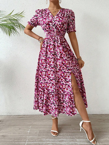 Small Floral Printed V-Neck Waist Cinched Dress