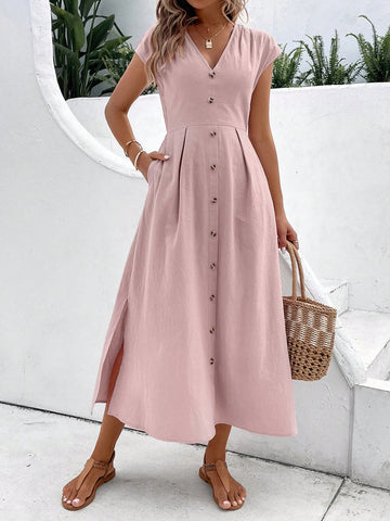 VCAY Solid Button Front Slant Pocket Fold Pleated Detail Dress