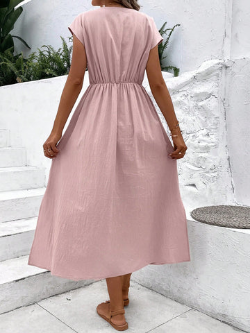 VCAY Solid Button Front Slant Pocket Fold Pleated Detail Dress
