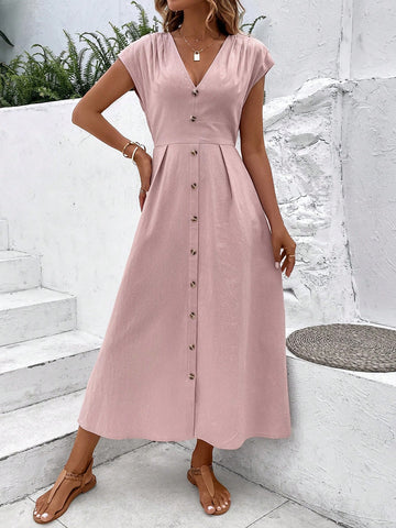 VCAY Solid Button Front Slant Pocket Fold Pleated Detail Dress