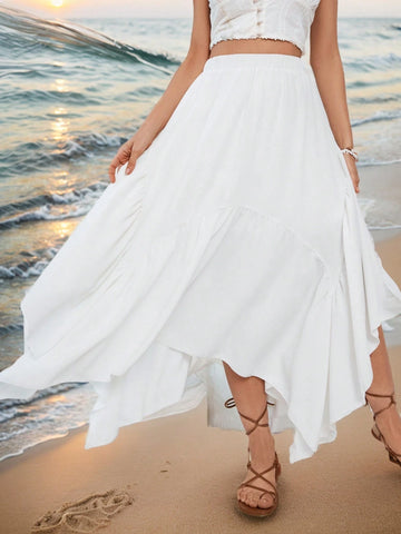 VCAY Solid Color Asymmetrical Hem Elastic Waist Elegant Skirt