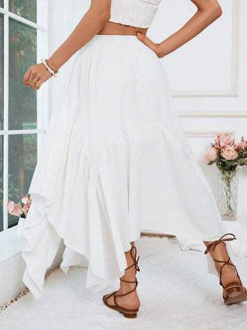 VCAY Solid Color Asymmetrical Hem Elastic Waist Elegant Skirt