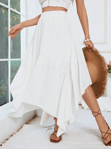 VCAY Solid Color Asymmetrical Hem Elastic Waist Elegant Skirt