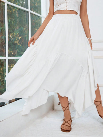 VCAY Solid Color Asymmetrical Hem Elastic Waist Elegant Skirt