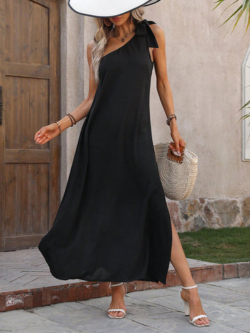 Solid Color Asymmetrical Neckline Side Slit Dress