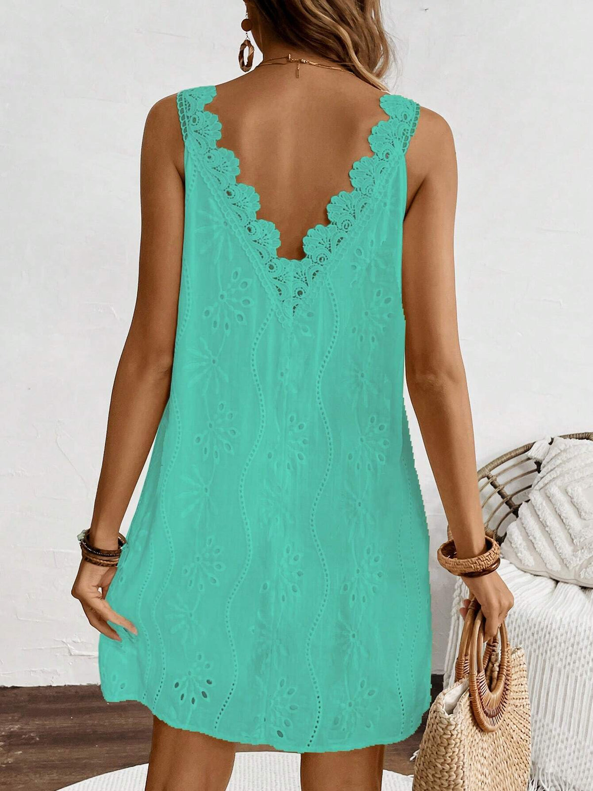Solid Color Backless Shell Trim V-Neck Sleeveless Dress