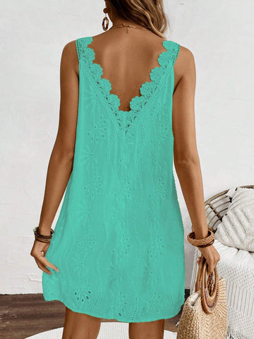 Solid Color Backless Shell Trim V-Neck Sleeveless Dress