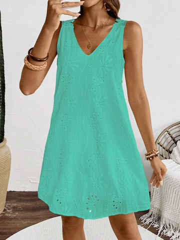 Solid Color Backless Shell Trim V-Neck Sleeveless Dress