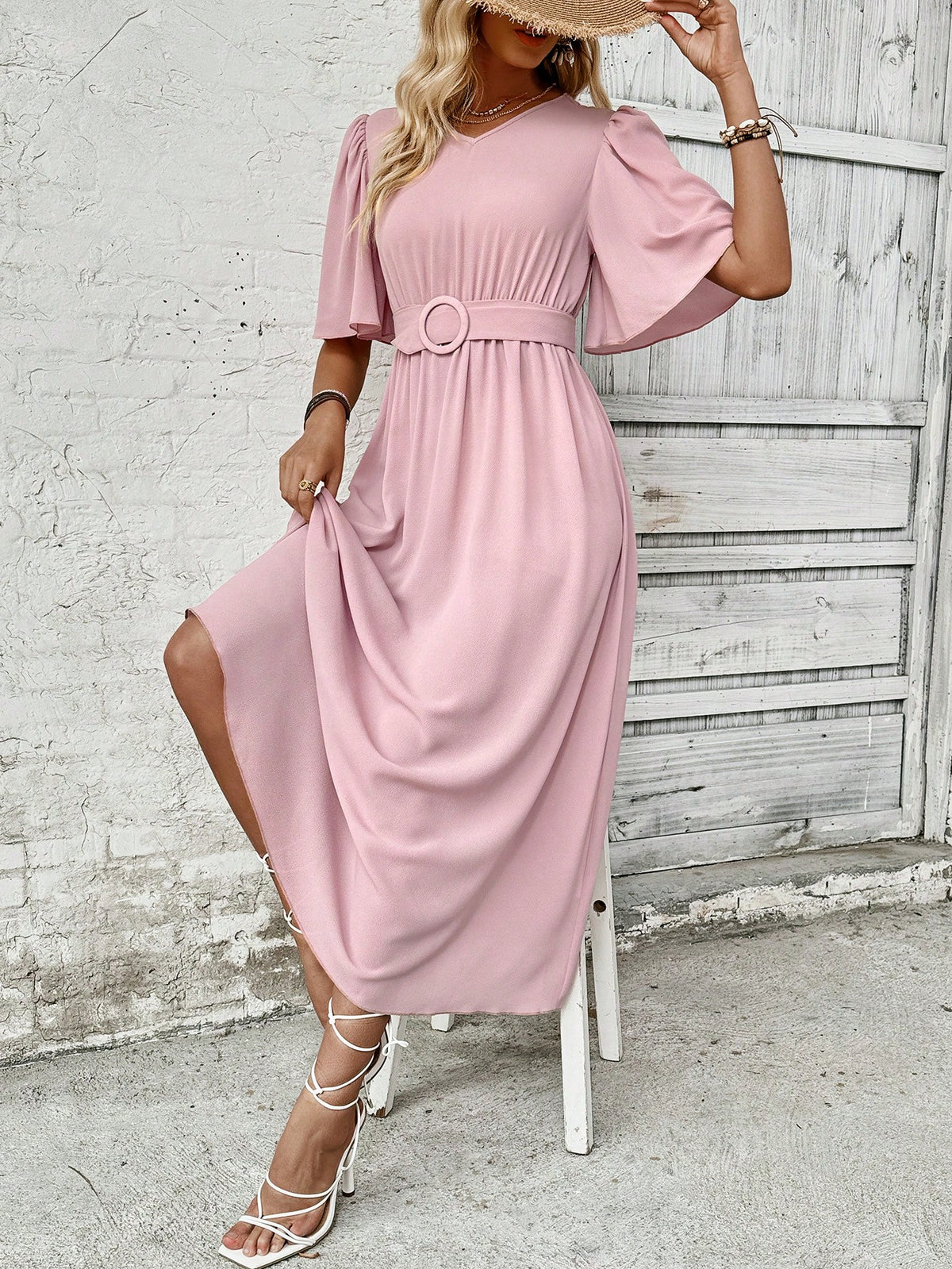 Solid Color Butterfly Sleeve Waist-Drawstring Dress