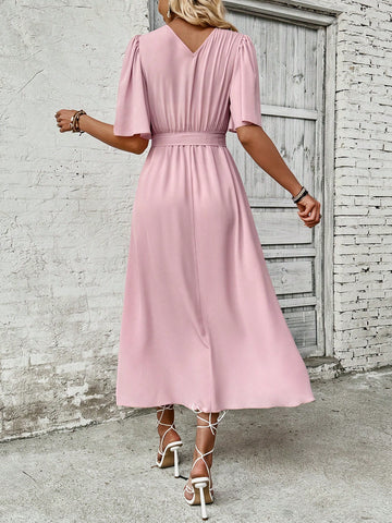 Solid Color Butterfly Sleeve Waist-Drawstring Dress