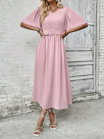 Solid Color Butterfly Sleeve Waist-Drawstring Dress