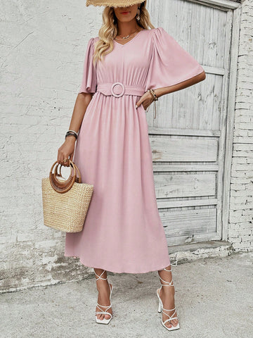 Solid Color Butterfly Sleeve Waist-Drawstring Dress