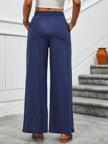 VCAY Solid Color Button Detail Wide Leg Pants With Diagonal Pockets