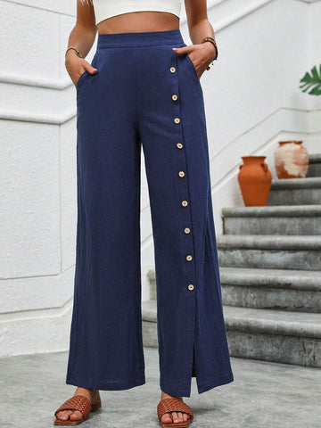 VCAY Solid Color Button Detail Wide Leg Pants With Diagonal Pockets