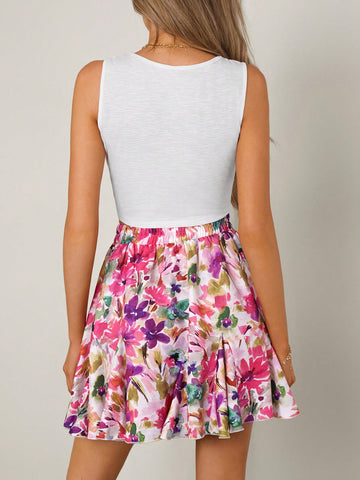 Solid Color Crop Top With Front Tie & Romantic Floral Printed A-Line Skirt Two-Piece Set