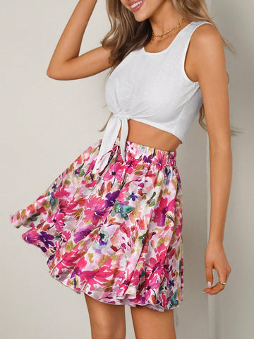 Solid Color Crop Top With Front Tie & Romantic Floral Printed A-Line Skirt Two-Piece Set
