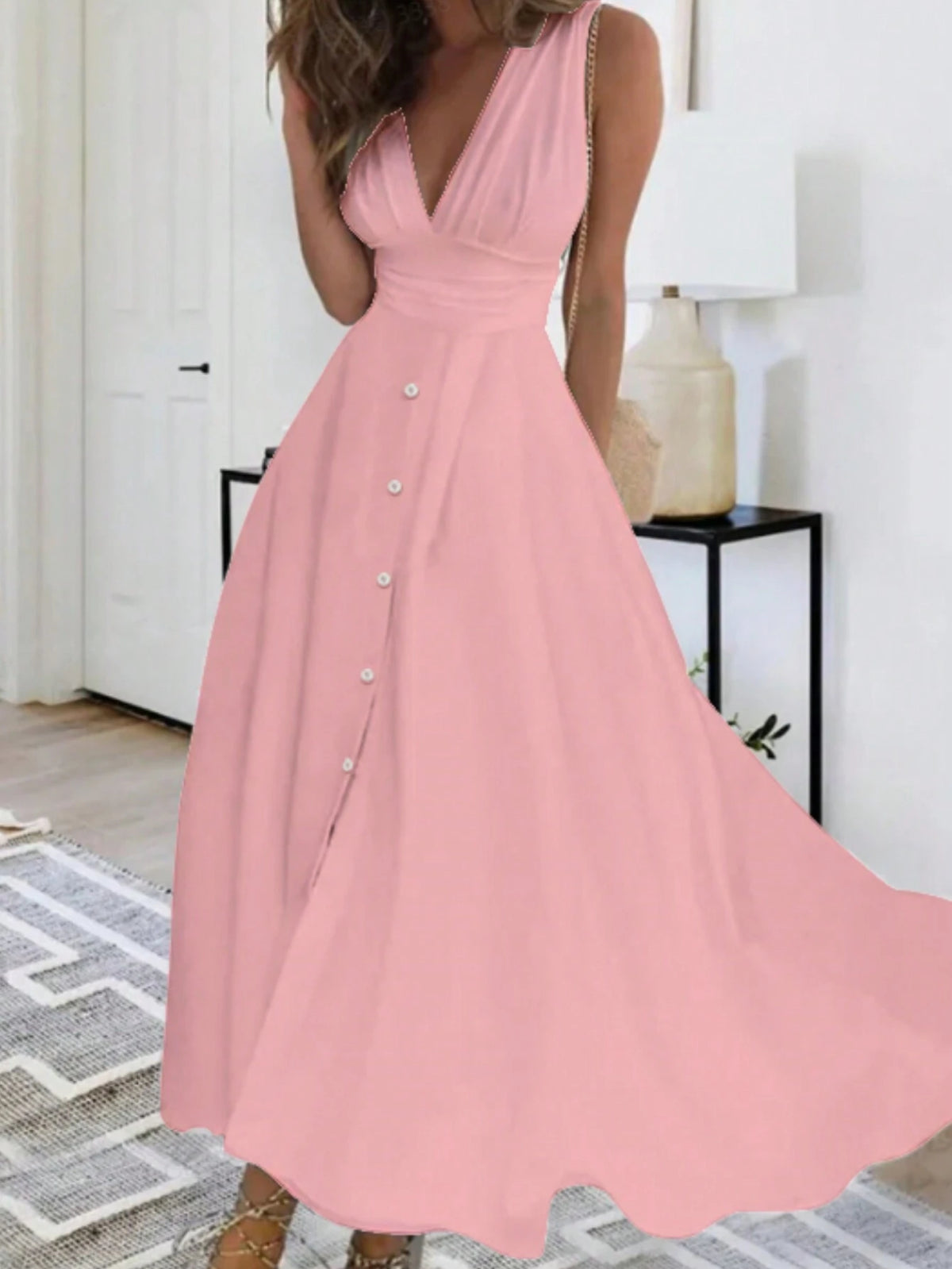 Solid Color Deep V-Neck Sleeveless Dress With Cinched Waist