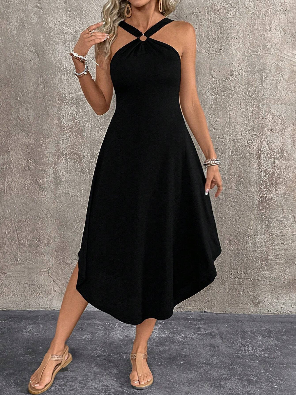 Solid Color Halter Neck Asymmetrical Hem Summer Sleeveless Beach Dress