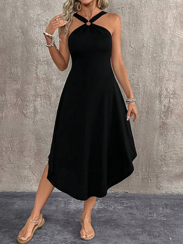 Solid Color Halter Neck Asymmetrical Hem Summer Sleeveless Beach Dress