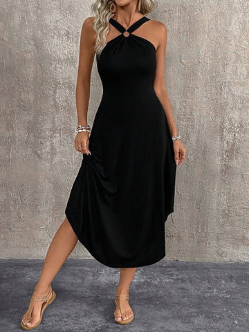 Solid Color Halter Neck Asymmetrical Hem Summer Sleeveless Beach Dress