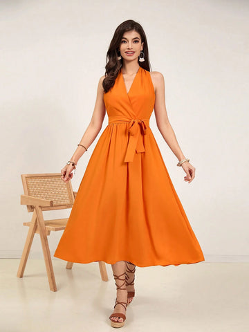 Solid Color Halter Neck Sleeveless Dress