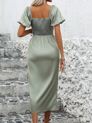 Solid Color Heart-Shaped Neckline Split Joint Maxi Dress