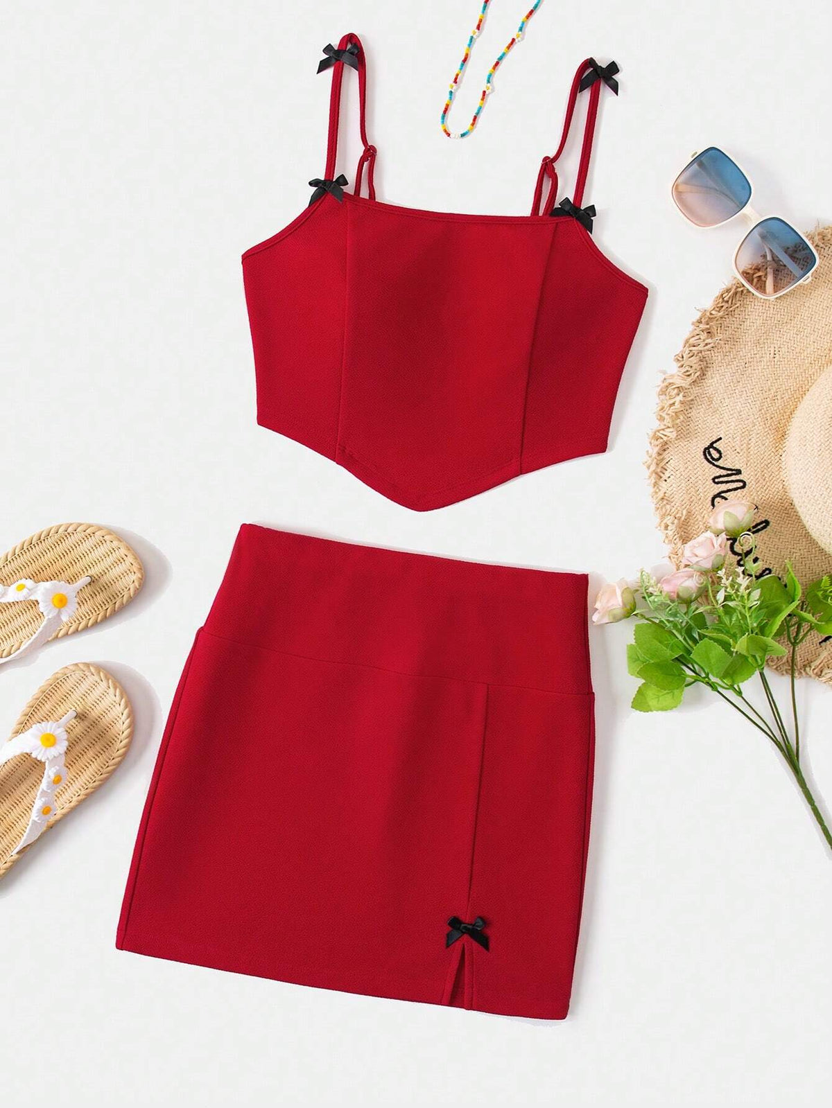 Solid Color Knitted Crop Top & High Waisted Skirt Set For Women Vacation