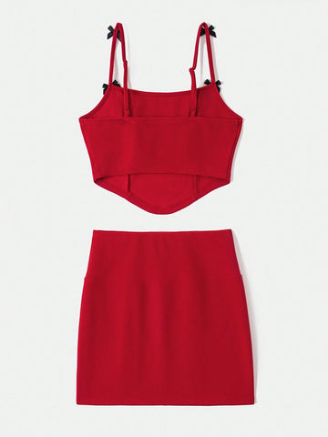 Solid Color Knitted Crop Top & High Waisted Skirt Set For Women Vacation