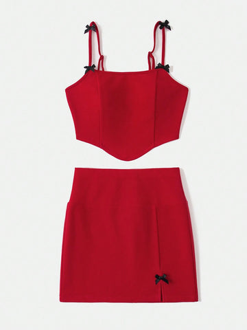 Solid Color Knitted Crop Top & High Waisted Skirt Set For Women Vacation