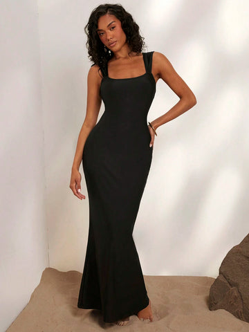 Solid Color Knitted Maxi Dress With Backless Design, Wrap Detailing And Mermaid Hemline, Perfect For Vacation