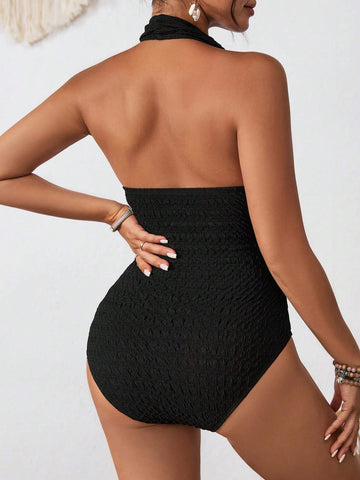 Solid Color Knitted Slim Fit Halter Neck Backless Women's Bodysuit For Vacation