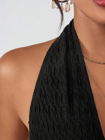 Solid Color Knitted Slim Fit Halter Neck Backless Women's Bodysuit For Vacation