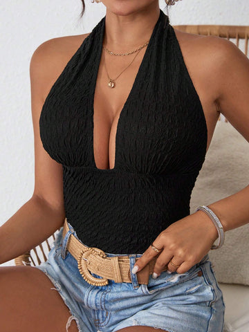Solid Color Knitted Slim Fit Halter Neck Backless Women's Bodysuit For Vacation