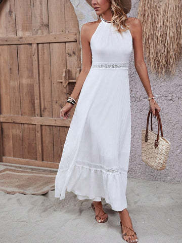 Solid Color Lace Insert Halter Neck Backless Tie Waist Dress