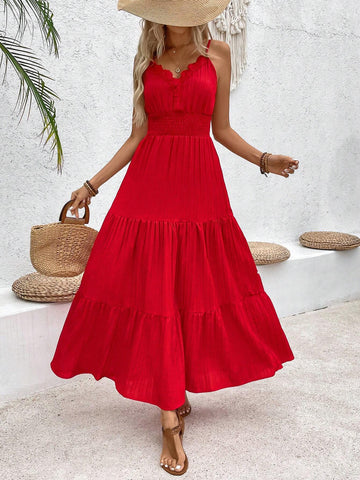 Solid Color Lace Patchwork Adjustable Strap Waist Cinched A-Line Dress