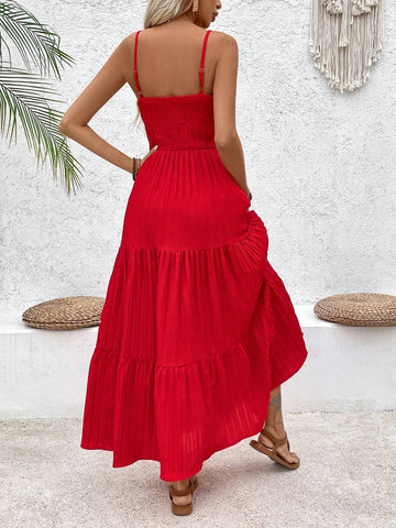 Solid Color Lace Patchwork Adjustable Strap Waist Cinched A-Line Dress