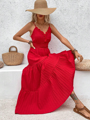 Solid Color Lace Patchwork Adjustable Strap Waist Cinched A-Line Dress