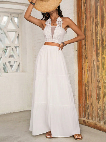 Solid Color Lace Splice Halter Top And Skirt Two Piece Set