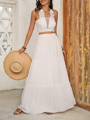 Solid Color Lace Splice Halter Top And Skirt Two Piece Set