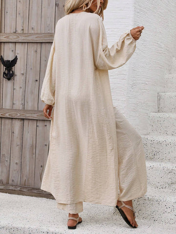 Solid Color Lantern Sleeve Long Kimono With Wide-Leg Pants Set For Vacation And Leisure