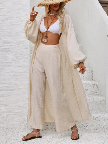 Solid Color Lantern Sleeve Long Kimono With Wide-Leg Pants Set For Vacation And Leisure